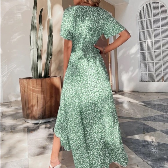 Boho Gypsy Green Floral Print Ruffle WRAP High Low Dress - Picture 6 of 6